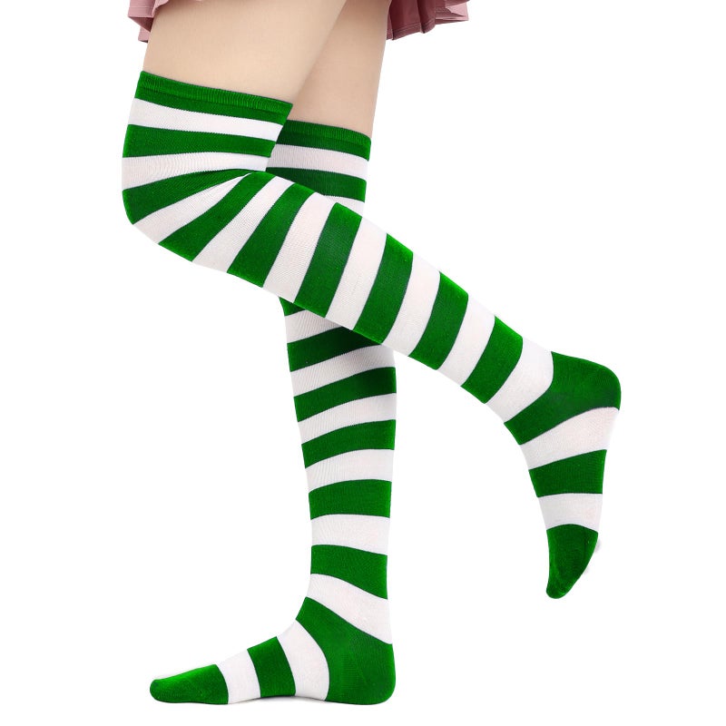 DAZCOS Striped Thigh High Socks Elastic Over The Knee Knit Stockings for Daily or Anime Cosplay (Green+White) - Image 1